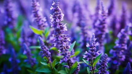 Obraz premium Purple blue flowers background. Salvia nemorosa the woodland sage beautiful flowers in bloom, Balkan clary flowering ornamental plants in urban city garden