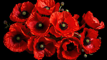 Red poppies on black background. Remembrance Day, Armistice Day, Anzac day symbol. - obrazy, fototapety, plakaty