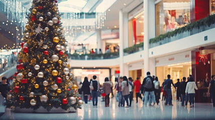Obraz premium Shopping mall decorated for Christmas time. Crowd of people looking for presents and preparing for the holidays. Abstract blurred defocused image background. Christmas holiday, Xmas shopping, sale.