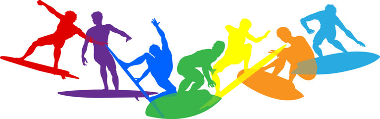 Surfers Surfing on their Surf Boards Silhouette set. Active sports people healthy players fitness silhouettes concept.