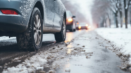 The car driving on icy road in urban street. Dangerous weather conditions, problems on slippery winter streets.