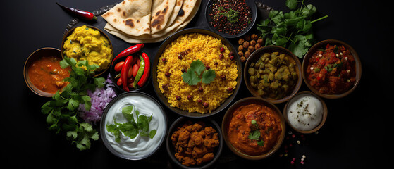 Top view of Assorted indian food on black background.