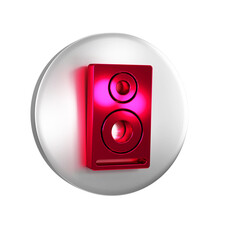 Red Stereo speaker icon isolated on transparent background. Sound system speakers. Music icon. Musical column speaker bass equipment. Silver circle button.