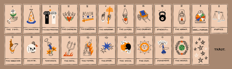 Tarot cards deck. Major arcana set. Unique minimal style. Trendy colorful design. Hand drawn Vector illustration. Pack of spiritual signs. Occult, alchemy, esoteric, magic mystery, prediction concept 