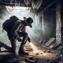 photo of adventure man discovered abandon tunnel old aged , generative AI