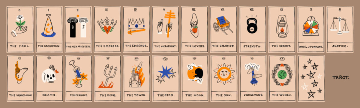 Tarot cards deck. Major arcana set. Unique minimal style. Trendy colorful design. Hand drawn Vector illustration. Pack of spiritual signs. Occult, alchemy, esoteric, magic mystery, prediction concept 
