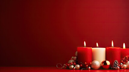  a group of three red candles sitting next to each other on top of a red table covered in christmas balls and baubes of silver and baubs.