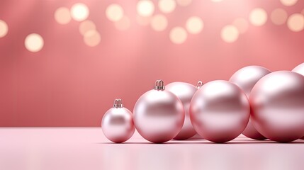  a row of shiny pink christmas ornaments on a pink background with a boke of lights in the back ground and a blurry background of boke of boke.