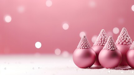  a group of pink christmas ornaments sitting on top of a white table next to a pink and white background with snow flakes on the top of the top of the ornaments.