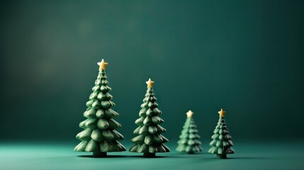  a group of small green christmas trees with a star on top of one of them and a star on the top of one of the two of the smaller trees.