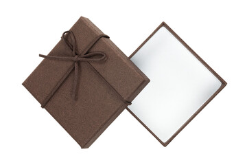 Top view of empty brown gift box that is open isolated on white background with clipping path.
