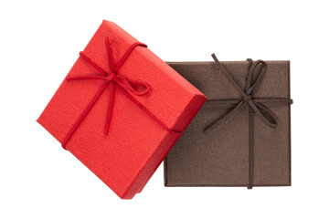 Top view of red gift box and brown gift box isolated on white background with clipping path.