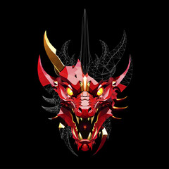 Low poly triangular dragon
fiery face on black background, vector illustration isolated.  Polygonal style trendy modern logo design. Suitable for printing on a t-shirt.