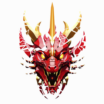 Low poly triangular dragon fiery head breaks into pieces on white background,  vector illustration isolated. Polygonal style trendy modern logo design. Suitable for printing on a t-shirt.