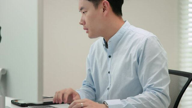 Smart AI cyber bot IT deep tech tools help write prompt python code web screen. Asia people asian man typing busy work predict big data mining center office upskill STEM expert skill job coder course.