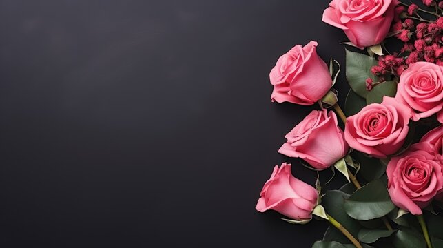  a bunch of pink roses with green leaves on a black background with a place for a text or a picture of a bunch of pink roses with green leaves on a black background.