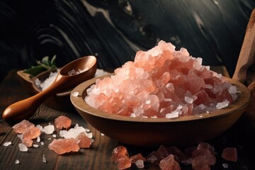 Fototapeta na wymiar Himalayan pink salt in a wooden bowl with wooden spoon on a dark background. Generative AI