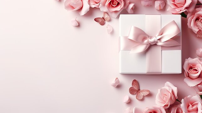  a white gift box with a pink ribbon and a bow surrounded by pink roses on a light pink background with a place for a text on the top of the image.
