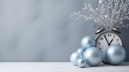  a clock sitting on top of a table next to blue balls and a bunch of silver and white balls in front of a light blue background with a gray wall. - obrazy, fototapety, plakaty