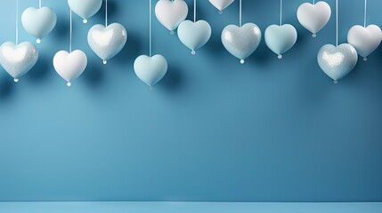  a bunch of white heart shaped balloons hanging from strings on a blue wall with a light blue wall in the background and a light blue wall in the foreground.
