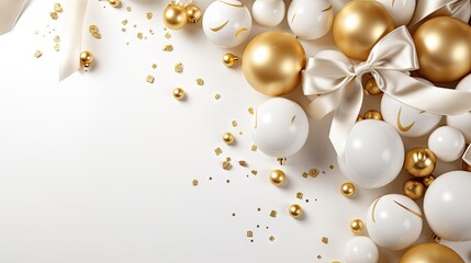 Obraz na płótnie Canvas a white and gold christmas background with gold and white baubles and streamers of gold and white confetti on a white background with a white bow.