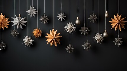  a group of paper stars hanging from strings on a black wall with a light bulb hanging from the middle of one of the strings, and a light bulb hanging from the other.