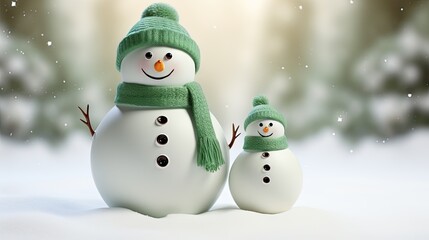  a couple of snowmen standing next to each other on top of a snow covered ground in front of a forest with snow falling on the ground and trees in the background.