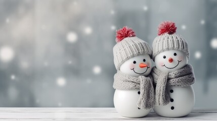  two snowmen standing next to each other wearing knitted hats and scarves with red pom pom poms on top of their hats and scarfs.