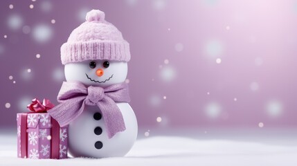  a snowman wearing a pink hat and scarf with a gift wrapped in a pink ribbon and a pink box with a red bow on a purple background with snowflakes.