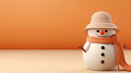  a snowman wearing a hat and scarf with a scarf around it's neck and a scarf around it's neck, standing on a plain surface with an orange background.