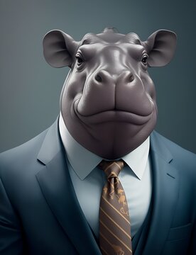 Hippopotamus is dressed elegantly in a suit with a lovely tie. An anthropomorphic animal poses for a fashion photograph with a charming human attitude.