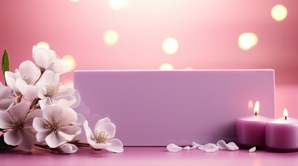 Fototapeta na wymiar a table topped with candles and flowers next to a pink box with a white candle on top of it next to a pink box with a white flower on it.