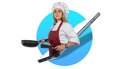 Woman chef. Culinary specialist on phone. Cook with frying pan and spatula. Successful chef in work uniform. Woman chef college student. Concept app from cook restaurant. Culinary application