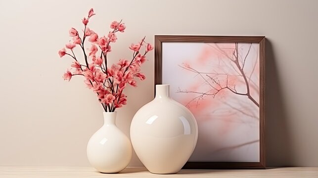  a couple of white vases sitting on top of a table next to a vase with pink flowers in it and a framed picture of a tree in the background.