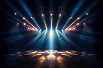 Empty dark stage show with colorful shining spotlights and lighting effects, studio platform background for display or concert with light rays.