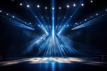 Fototapeta na wymiar Empty dark stage show with colorful shining spotlights and lighting effects, studio platform background for display or concert with light rays.