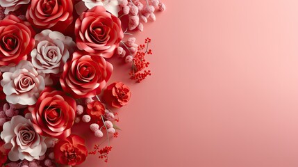  a bouquet of red and white roses on a pink background with a place for a text or a picture with a place for a message ornament ornament.