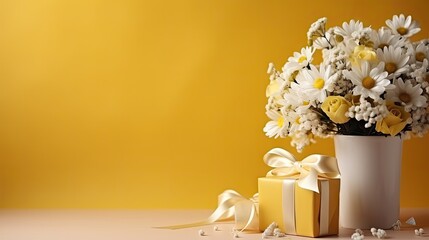  a vase filled with lots of white and yellow flowers next to a yellow box with a bow on the side of the vase and a yellow wall in the background.