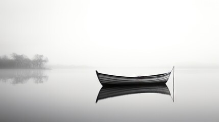  a black and white photo of a boat on a foggy lake with a small island in the distance and a lone...