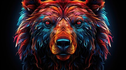  a close up of a bear's face on a black background with red, yellow, blue, and green lights on it's eyes and a black background.