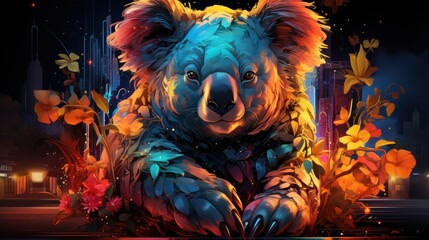  a painting of a bear sitting on the ground in front of a cityscape with leaves and flowers on the ground and a building in the background with lights.