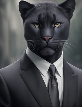 Panther is dressed elegantly in a suit with a lovely tie. An anthropomorphic animal poses for a fashion photograph with a charming human attitude.