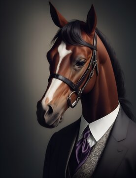 Horse is dressed elegantly in a suit with a lovely tie. An anthropomorphic animal poses for a fashion photograph with a charming human attitude.