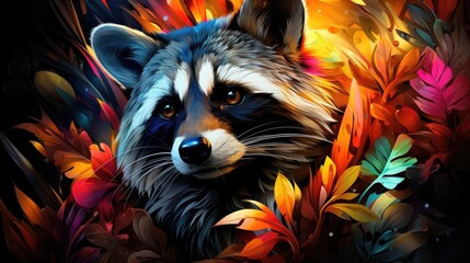  a painting of a raccoon surrounded by autumn leaves and leaves, with a dark background of orange, yellow, red, and green leaves, and orange colors.
