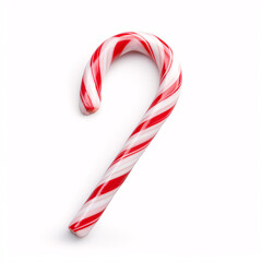 A candy cane is pictured against a stark white background.