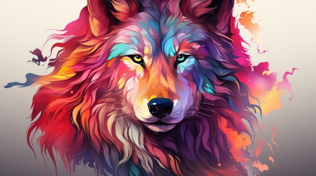  a close up of a wolf's face with colorful paint splattered on it's face and the wolf's eyes are blue, red, yellow, orange, pink, purple, and green, and red.