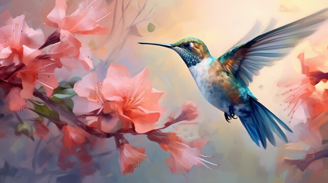 Create an ethereal blend where vivid strokes of paint dance with the graceful flight of hummingbirds.