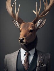 Elk is dressed elegantly in a suit with a lovely tie. An anthropomorphic animal poses for a fashion photograph with a charming human attitude.