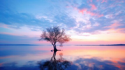 Fototapeta na wymiar a lone tree sitting in the middle of a large body of water with a sunset in the back ground and a pink and blue sky in the middle of the background.
