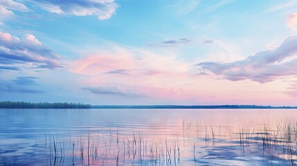  a large body of water with grass in the foreground and a sky filled with clouds in the background with a pink and blue sunset in the middle of the water.